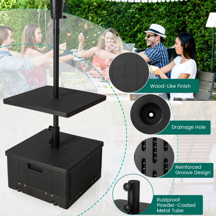 Outdoor fillable umbrella base with table tray, black, featuring a wood-like finish and drainage hole for stability and.